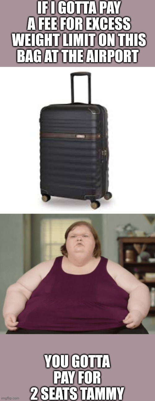 Weight is weight | IF I GOTTA PAY A FEE FOR EXCESS WEIGHT LIMIT ON THIS BAG AT THE AIRPORT; YOU GOTTA PAY FOR 2 SEATS TAMMY | image tagged in suitcases,tammy 1000lb sister | made w/ Imgflip meme maker