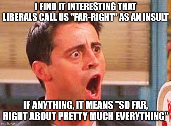 Masks, Social Distancing, WHO, Lab Leak, I Could Go On For Hours | I FIND IT INTERESTING THAT LIBERALS CALL US "FAR-RIGHT" AS AN INSULT; IF ANYTHING, IT MEANS "SO FAR, RIGHT ABOUT PRETTY MUCH EVERYTHING" | image tagged in shocked face,liberals,right wing | made w/ Imgflip meme maker