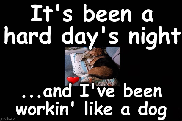 IT'S BEEN A HARD DAY'S NIGHT...AND I'VE BEEN WORKING LIKE A DOG | It's been a hard day's night; ...and I've been workin' like a dog | image tagged in the beatles,song lyrics,beagle | made w/ Imgflip meme maker