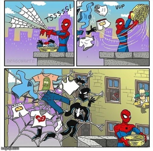Spider web laundry | image tagged in spider-man,spider web,laundry,comics,krusty the clown,comics/cartoons | made w/ Imgflip meme maker