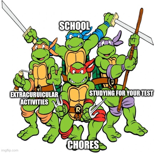 When middle schoolers want to play video games | SCHOOL; STUDYING FOR YOUR TEST; EXTRACURUICULAR ACTIVITIES; CHORES | image tagged in teenage mutant ninja turtles | made w/ Imgflip meme maker