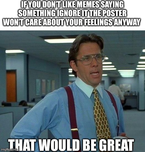 That Would Be Great | IF YOU DON’T LIKE MEMES SAYING SOMETHING IGNORE IT THE POSTER WON’T CARE ABOUT YOUR FEELINGS ANYWAY; THAT WOULD BE GREAT | image tagged in memes,that would be great,meme,msmg | made w/ Imgflip meme maker
