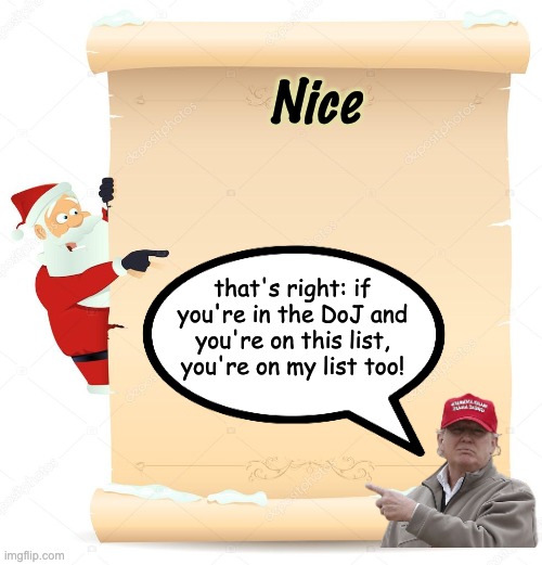 Santas List | Nice that's right: if you're in the DoJ and you're on this list, you're on my list too! | image tagged in santas list | made w/ Imgflip meme maker