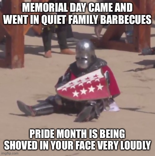 Sponsored by the Holy Crusader Party | MEMORIAL DAY CAME AND WENT IN QUIET FAMILY BARBECUES; PRIDE MONTH IS BEING SHOVED IN YOUR FACE VERY LOUDLY | image tagged in sad crusader noises | made w/ Imgflip meme maker