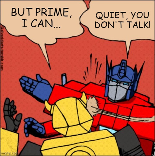 Hush Bee | QUIET, YOU DON'T TALK! BUT PRIME, I CAN... | image tagged in transformer slap | made w/ Imgflip meme maker