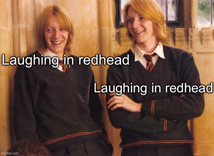 Weasleys | Laughing in redhead Laughing in redhead | image tagged in fred and george weasley laughing,redheads | made w/ Imgflip meme maker