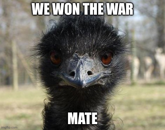 True history of the emu war | WE WON THE WAR; MATE | image tagged in bad news emu,history,emu,war | made w/ Imgflip meme maker