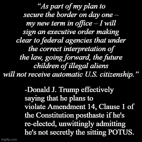 Aaand there's the naked push toward dictatorship. | “As part of my plan to secure the border on day one – my new term in office – I will sign an executive order making clear to federal agencies that under the correct interpretation of the law, going forward, the future children of illegal aliens will not receive automatic U.S. citizenship.”; -Donald J. Trump effectively saying that he plans to violate Amendment 14, Clause 1 of the Constitution posthaste if he's re-elected, unwittingly admitting he's not secretly the sitting POTUS. | image tagged in trump unfit unqualified dangerous,moron | made w/ Imgflip meme maker