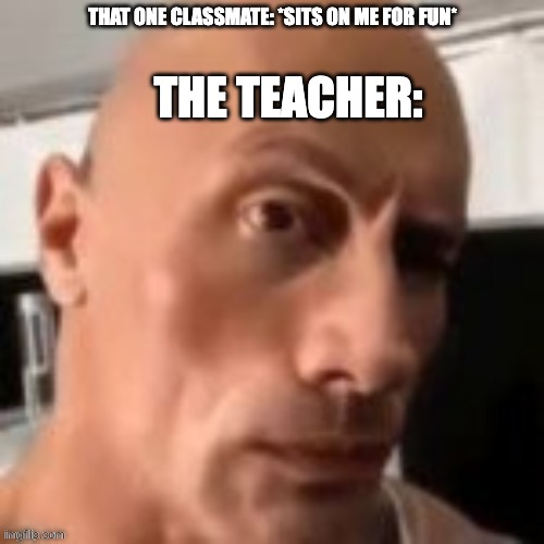 School memes | THAT ONE CLASSMATE: *SITS ON ME FOR FUN*; THE TEACHER: | image tagged in rock raising eyebrow | made w/ Imgflip meme maker