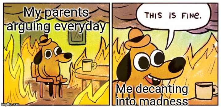 Yep. This is my life... | My parents arguing everyday; Me decanting into madness | image tagged in memes,this is fine,argument,drama,insanity | made w/ Imgflip meme maker