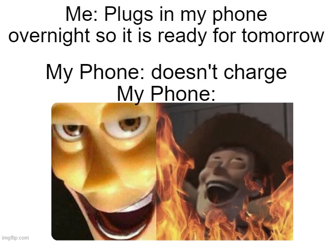 why must you hurt me in this way | Me: Plugs in my phone overnight so it is ready for tomorrow; My Phone: doesn't charge
My Phone: | image tagged in satanic woody,phone | made w/ Imgflip meme maker