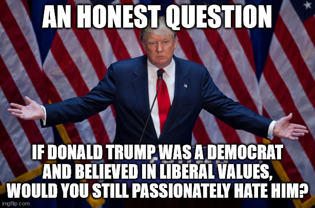 Did you hate him when he WAS a Democrat and believed in liberal values?  He became a Republican only to run for president. | AN HONEST QUESTION; IF DONALD TRUMP WAS A DEMOCRAT AND BELIEVED IN LIBERAL VALUES, WOULD YOU STILL PASSIONATELY HATE HIM? | image tagged in donald trump,democrat,then independant,then republican,trump supported clinton | made w/ Imgflip meme maker