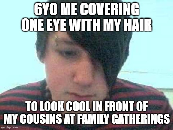 me trying to impress my cousins | 6YO ME COVERING ONE EYE WITH MY HAIR; TO LOOK COOL IN FRONT OF MY COUSINS AT FAMILY GATHERINGS | image tagged in emo kid,kids | made w/ Imgflip meme maker