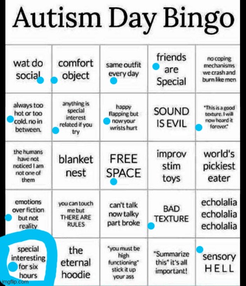 especially the "special interesting for six hours" | image tagged in autism bingo | made w/ Imgflip meme maker