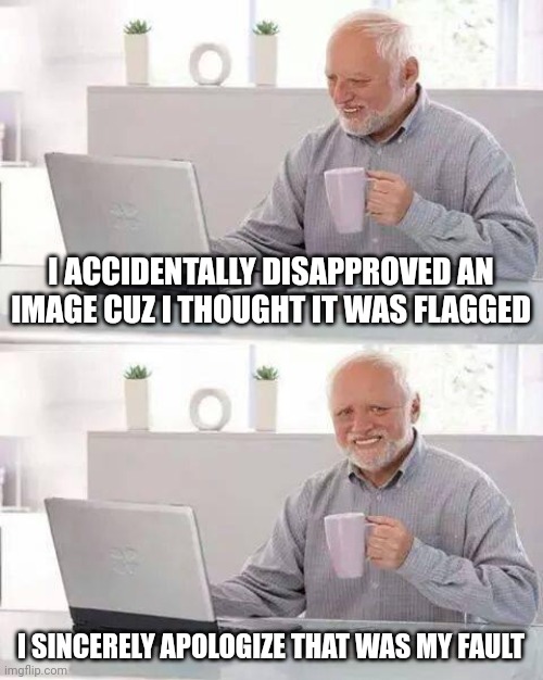 Sorry | I ACCIDENTALLY DISAPPROVED AN IMAGE CUZ I THOUGHT IT WAS FLAGGED; I SINCERELY APOLOGIZE THAT WAS MY FAULT | image tagged in memes,hide the pain harold | made w/ Imgflip meme maker