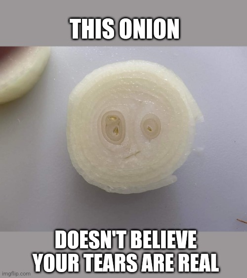 He's still mad you cut him | THIS ONION; DOESN'T BELIEVE YOUR TEARS ARE REAL | image tagged in onions,skeptical,onion,judging you,stinky,vegetable | made w/ Imgflip meme maker