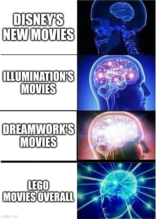 Well not really the best but actually good | DISNEY'S NEW MOVIES; ILLUMINATION'S MOVIES; DREAMWORK'S MOVIES; LEGO MOVIES OVERALL | image tagged in memes,expanding brain | made w/ Imgflip meme maker