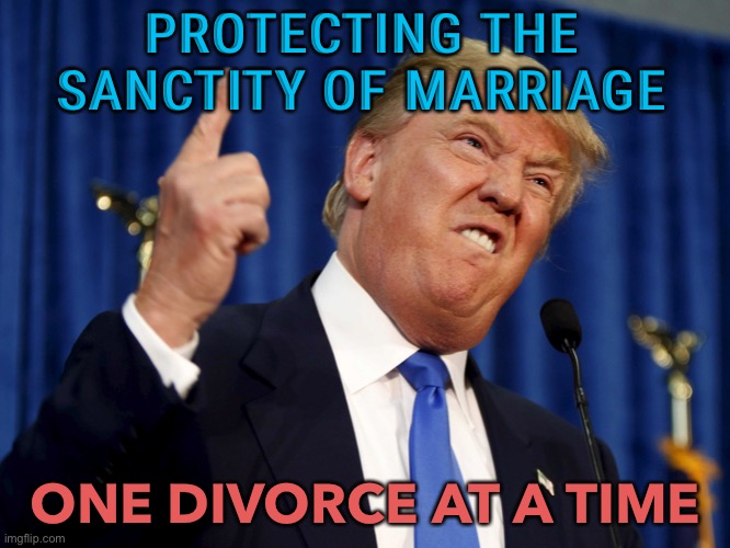 One divorce at a time | PROTECTING THE SANCTITY OF MARRIAGE; ONE DIVORCE AT A TIME | image tagged in donald trump mad | made w/ Imgflip meme maker