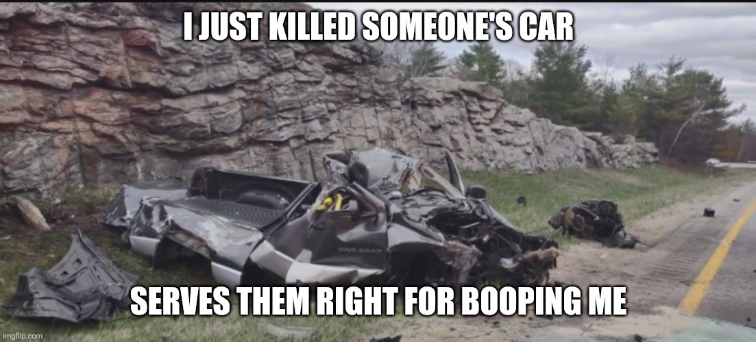 Never boop the table | I JUST KILLED SOMEONE'S CAR; SERVES THEM RIGHT FOR BOOPING ME | image tagged in table flip guy | made w/ Imgflip meme maker