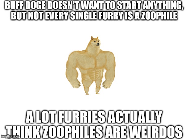 I am not defending furries I legitimately want to just make a point | BUFF DOGE DOESN'T WANT TO START ANYTHING, BUT NOT EVERY SINGLE FURRY IS A ZOOPHILE; A LOT FURRIES ACTUALLY THINK ZOOPHILES ARE WEIRDOS | image tagged in buff doge,anti-zoophile | made w/ Imgflip meme maker