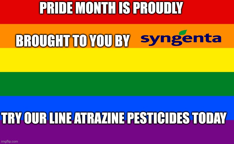 Pride flag | PRIDE MONTH IS PROUDLY; BROUGHT TO YOU BY; TRY OUR LINE ATRAZINE PESTICIDES TODAY | image tagged in pride flag,memes | made w/ Imgflip meme maker