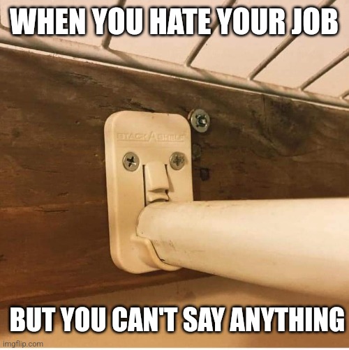 Stuck in a high level position | WHEN YOU HATE YOUR JOB; BUT YOU CAN'T SAY ANYTHING | image tagged in face,hold up,closet rod,jobs,stuck,work sucks | made w/ Imgflip meme maker