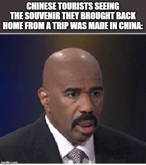 absolute Truth!! | CHINESE TOURISTS SEEING THE SOUVENIR THEY BROUGHT BACK HOME FROM A TRIP WAS MADE IN CHINA: | image tagged in steve harvey,china,made in china | made w/ Imgflip meme maker
