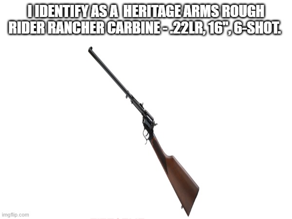 (Mod: I'm only accepting it because it's funny, you got lucky with this one) | I IDENTIFY AS A  HERITAGE ARMS ROUGH RIDER RANCHER CARBINE - .22LR, 16", 6-SHOT. | made w/ Imgflip meme maker