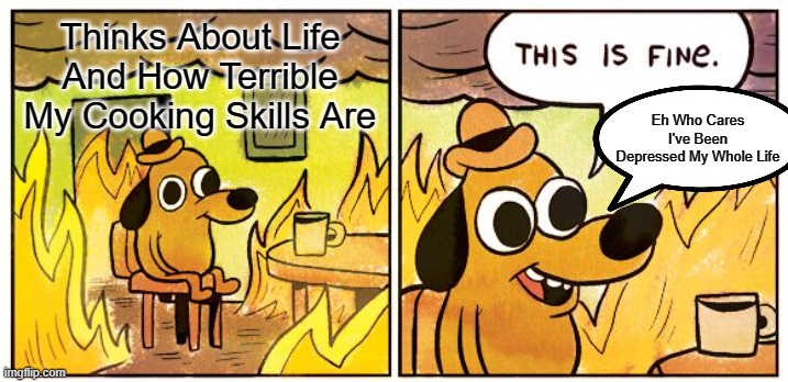 This Is Fine | Thinks About Life And How Terrible My Cooking Skills Are; Eh Who Cares I've Been Depressed My Whole Life | image tagged in memes,this is fine | made w/ Imgflip meme maker