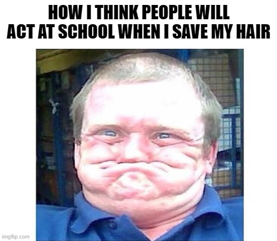 when you're trying not to laugh at something stupid | HOW I THINK PEOPLE WILL ACT AT SCHOOL WHEN I SAVE MY HAIR | image tagged in when you're trying not to laugh at something stupid | made w/ Imgflip meme maker