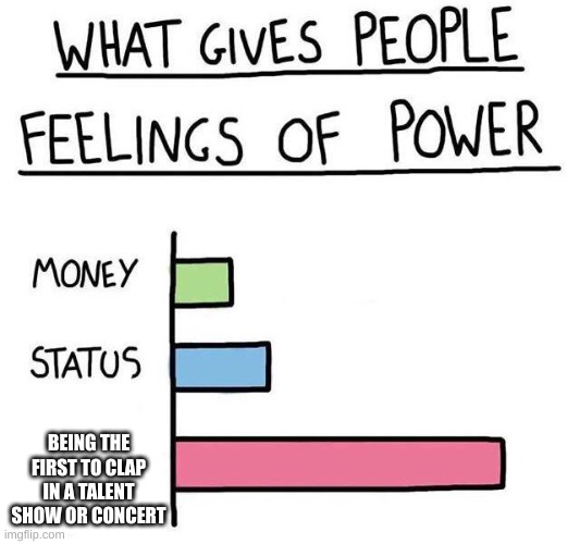 What gives people feelings of power | BEING THE FIRST TO CLAP IN A TALENT SHOW OR CONCERT | image tagged in what gives people feelings of power | made w/ Imgflip meme maker