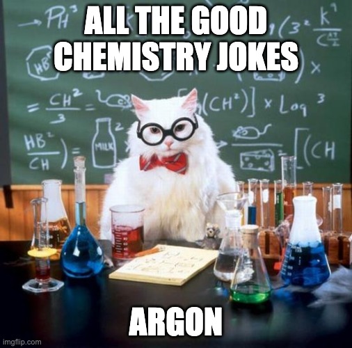Argon | ALL THE GOOD CHEMISTRY JOKES; ARGON | image tagged in memes,chemistry cat | made w/ Imgflip meme maker