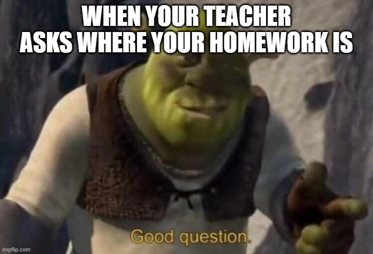 Shrek good question | WHEN YOUR TEACHER ASKS WHERE YOUR HOMEWORK IS | image tagged in shrek good question | made w/ Imgflip meme maker