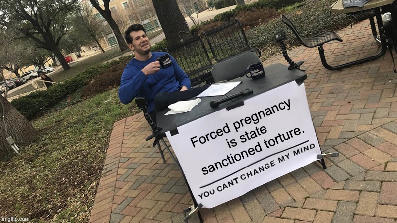 The pro freedom party really doesn't like freedom, don't they. | Forced pregnancy is state sanctioned torture. | image tagged in you can't change my mind,abortion,pregnancy,roe v wade,republicans | made w/ Imgflip meme maker