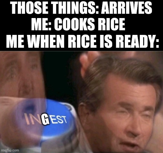Invest | THOSE THINGS: ARRIVES ME: COOKS RICE ME WHEN RICE IS READY: G | image tagged in invest | made w/ Imgflip meme maker