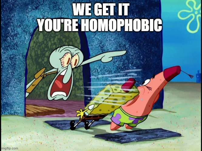 Squidward Screaming | WE GET IT
YOU'RE HOMOPHOBIC | image tagged in squidward screaming | made w/ Imgflip meme maker