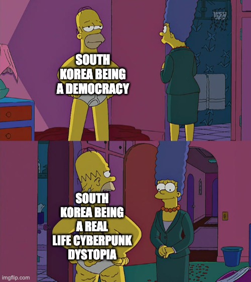 all that glitters | SOUTH KOREA BEING A DEMOCRACY; SOUTH KOREA BEING A REAL LIFE CYBERPUNK DYSTOPIA | image tagged in homer simpson's back fat | made w/ Imgflip meme maker