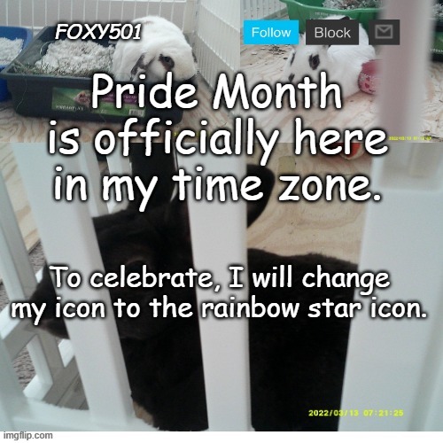 Foxy501 announcement template | Pride Month is officially here in my time zone. To celebrate, I will change my icon to the rainbow star icon. | image tagged in foxy501 announcement template,pride month,rainbow,icons | made w/ Imgflip meme maker
