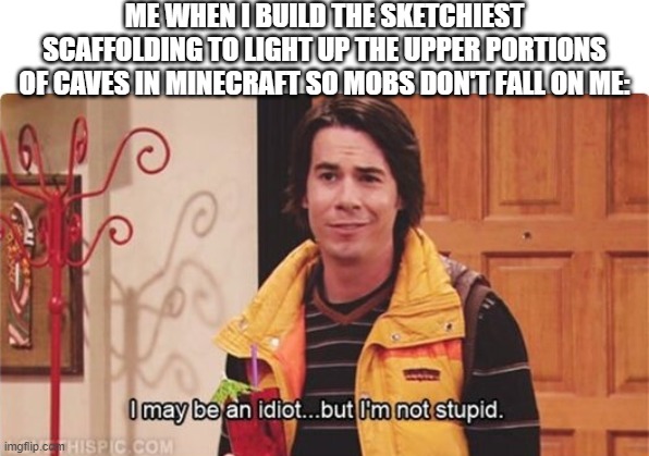 I tend to do this often | ME WHEN I BUILD THE SKETCHIEST SCAFFOLDING TO LIGHT UP THE UPPER PORTIONS OF CAVES IN MINECRAFT SO MOBS DON'T FALL ON ME: | image tagged in spencer i may be an idiot but i'm not stupid,memes,funny,minecraft,video games,gaming | made w/ Imgflip meme maker