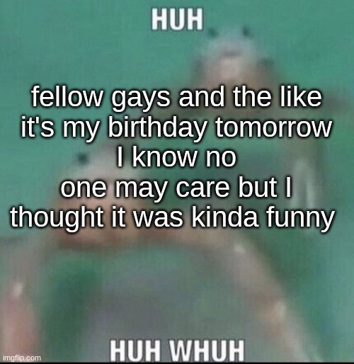 ? | fellow gays and the like
it's my birthday tomorrow
I know no one may care but I thought it was kinda funny | image tagged in huh huh whuh | made w/ Imgflip meme maker