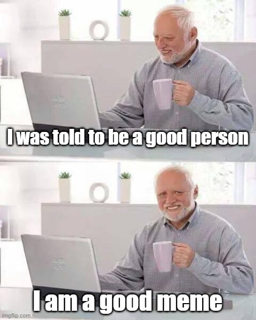 a good Meme | I was told to be a good person; I am a good meme | image tagged in memes,hide the pain harold | made w/ Imgflip meme maker