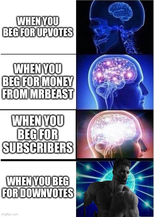 Expanding Brain | WHEN YOU BEG FOR UPVOTES; WHEN YOU BEG FOR MONEY FROM MRBEAST; WHEN YOU BEG FOR SUBSCRIBERS; WHEN YOU BEG FOR DOWNVOTES | image tagged in memes,expanding brain | made w/ Imgflip meme maker