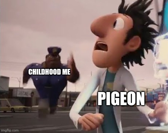 Childhood me every time I see pigeon | CHILDHOOD ME; PIGEON | image tagged in officer earl running,childhood | made w/ Imgflip meme maker