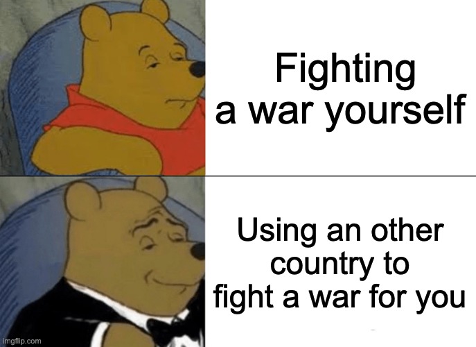Tuxedo Winnie The Pooh | Fighting a war yourself; Using an other country to fight a war for you | image tagged in memes,tuxedo winnie the pooh | made w/ Imgflip meme maker