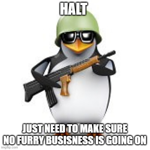 no anime penguin | HALT JUST NEED TO MAKE SURE NO FURRY BUSISNESS IS GOING ON | image tagged in no anime penguin | made w/ Imgflip meme maker
