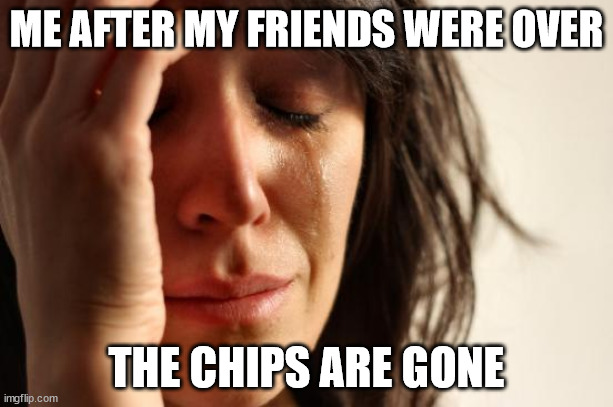 First World Problems | ME AFTER MY FRIENDS WERE OVER; THE CHIPS ARE GONE | image tagged in memes,first world problems | made w/ Imgflip meme maker