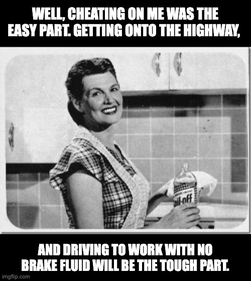 Cheating | WELL, CHEATING ON ME WAS THE EASY PART. GETTING ONTO THE HIGHWAY, AND DRIVING TO WORK WITH NO BRAKE FLUID WILL BE THE TOUGH PART. | image tagged in vintage woman cooking | made w/ Imgflip meme maker