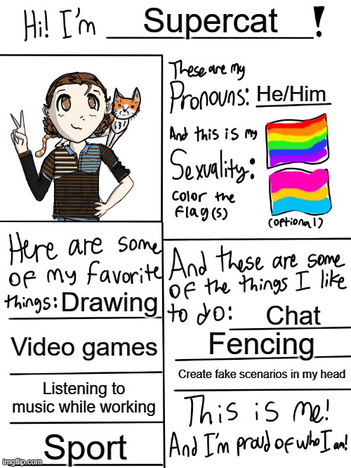 This is me | Supercat; He/Him; Drawing; Chat; Video games; Fencing; Create fake scenarios in my head; Listening to music while working; Sport | image tagged in lgbtq stream account profile,gay | made w/ Imgflip meme maker