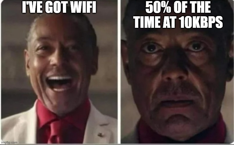 You don't want to know how long this took | I'VE GOT WIFI; 50% OF THE TIME AT 10KBPS | image tagged in giancarlo esposito | made w/ Imgflip meme maker