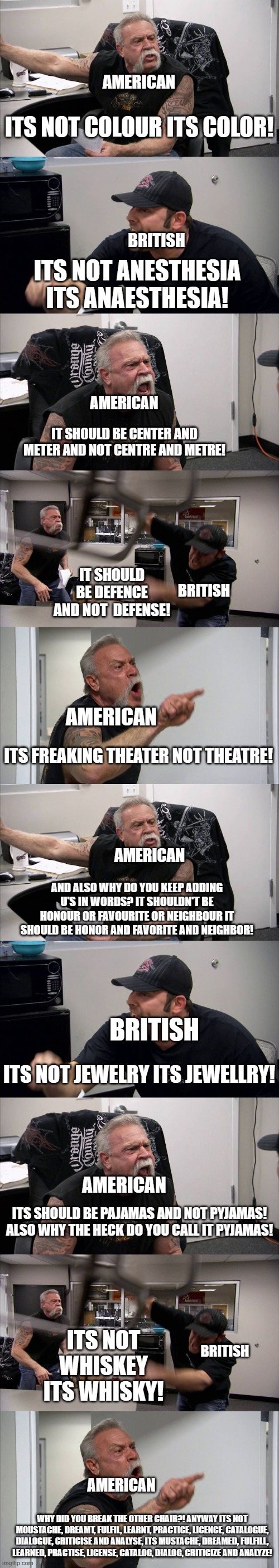 The fact that I have 20 texts on this meme ;-; | AMERICAN; ITS NOT COLOUR ITS COLOR! BRITISH; ITS NOT ANESTHESIA ITS ANAESTHESIA! AMERICAN; IT SHOULD BE CENTER AND METER AND NOT CENTRE AND METRE! IT SHOULD BE DEFENCE AND NOT  DEFENSE! BRITISH; AMERICAN; ITS FREAKING THEATER NOT THEATRE! AMERICAN; AND ALSO WHY DO YOU KEEP ADDING U'S IN WORDS? IT SHOULDN'T BE HONOUR OR FAVOURITE OR NEIGHBOUR IT SHOULD BE HONOR AND FAVORITE AND NEIGHBOR! BRITISH; ITS NOT JEWELRY ITS JEWELLRY! AMERICAN; ITS SHOULD BE PAJAMAS AND NOT PYJAMAS! ALSO WHY THE HECK DO YOU CALL IT PYJAMAS! ITS NOT WHISKEY ITS WHISKY! BRITISH; AMERICAN; WHY DID YOU BREAK THE OTHER CHAIR?! ANYWAY ITS NOT MOUSTACHE, DREAMT, FULFIL, LEARNT, PRACTICE, LICENCE, CATALOGUE, DIALOGUE, CRITICISE AND ANALYSE, ITS MUSTACHE, DREAMED, FULFILL, LEARNED, PRACTISE, LICENSE, CATALOG, DIALOG, CRITICIZE AND ANALYZE! | image tagged in memes,american chopper argument,america,british | made w/ Imgflip meme maker